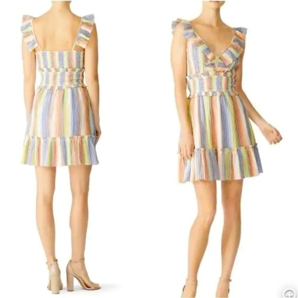 Saylor Dress Women XL Multicolor Striped V Neck Smocked Ruffle Trim Alma Mini - Picture 1 of 12